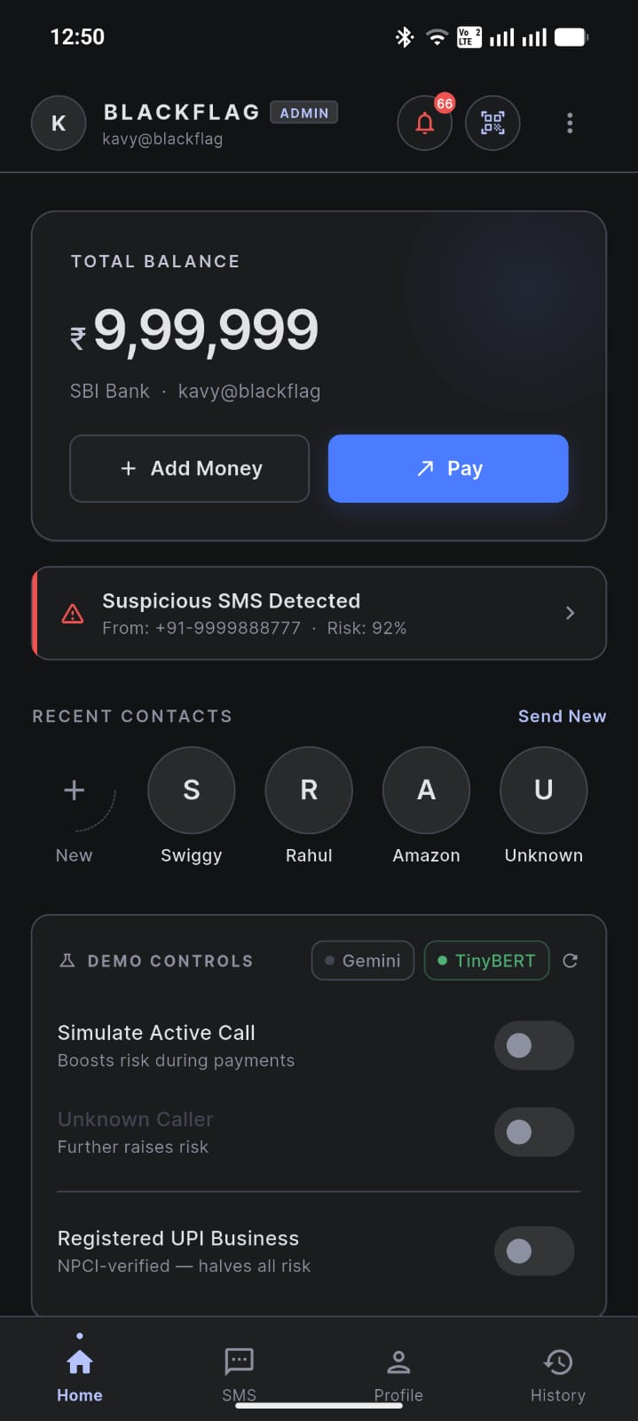 WallUPI home screen showing balance, recent contacts and a suspicious-SMS banner