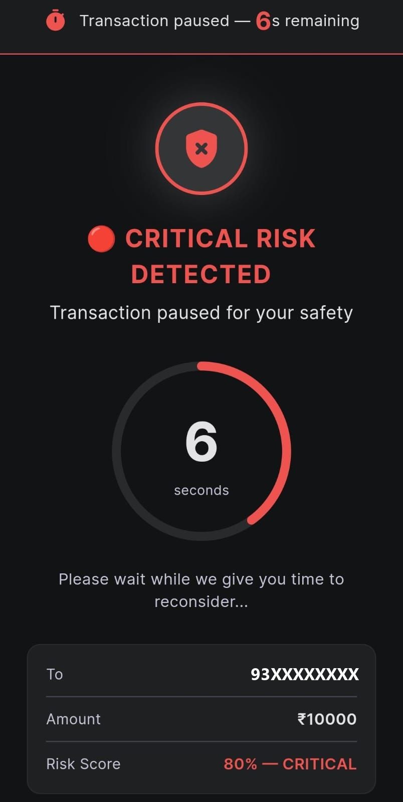 Transaction paused screen: critical risk detected, a 6 second countdown to reconsider, ₹10,000 to a masked number, risk score 80 percent.