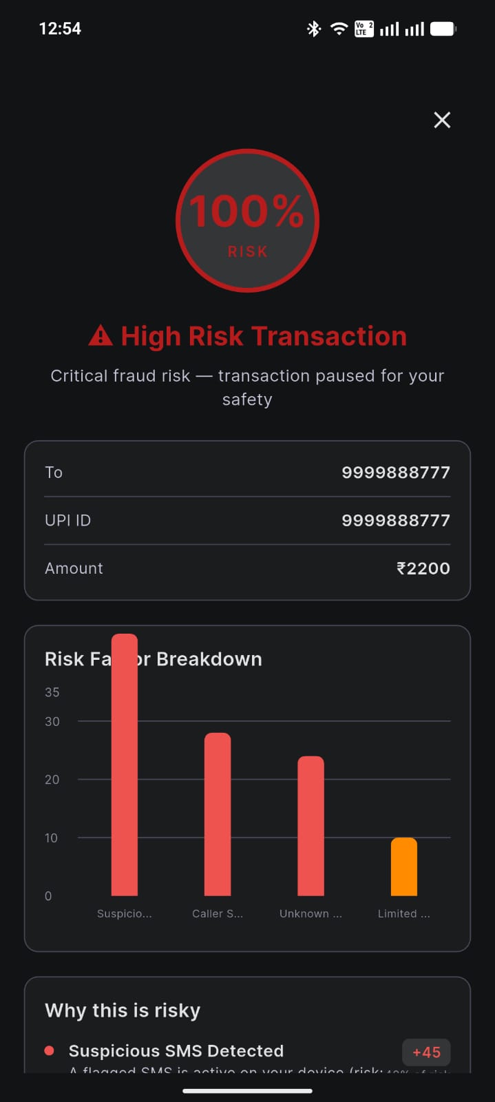 High risk transaction screen with a risk factor breakdown chart