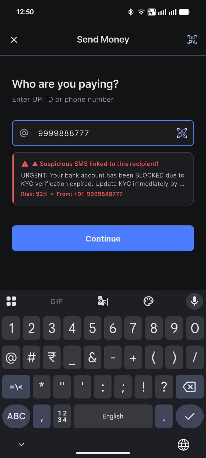 Send Money screen warning that a suspicious SMS is linked to the recipient