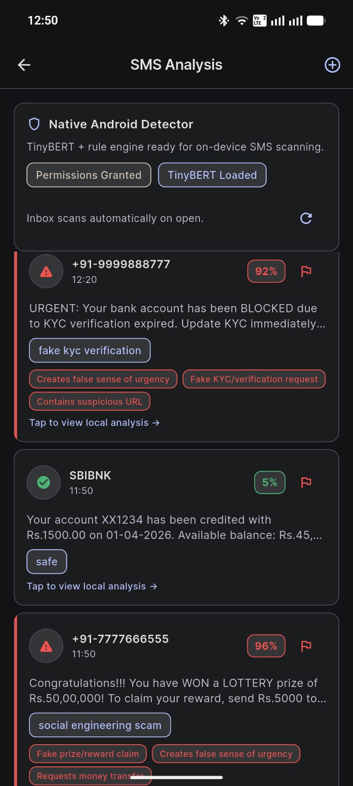 SMS inbox scanned on-device, each message tagged with a risk score