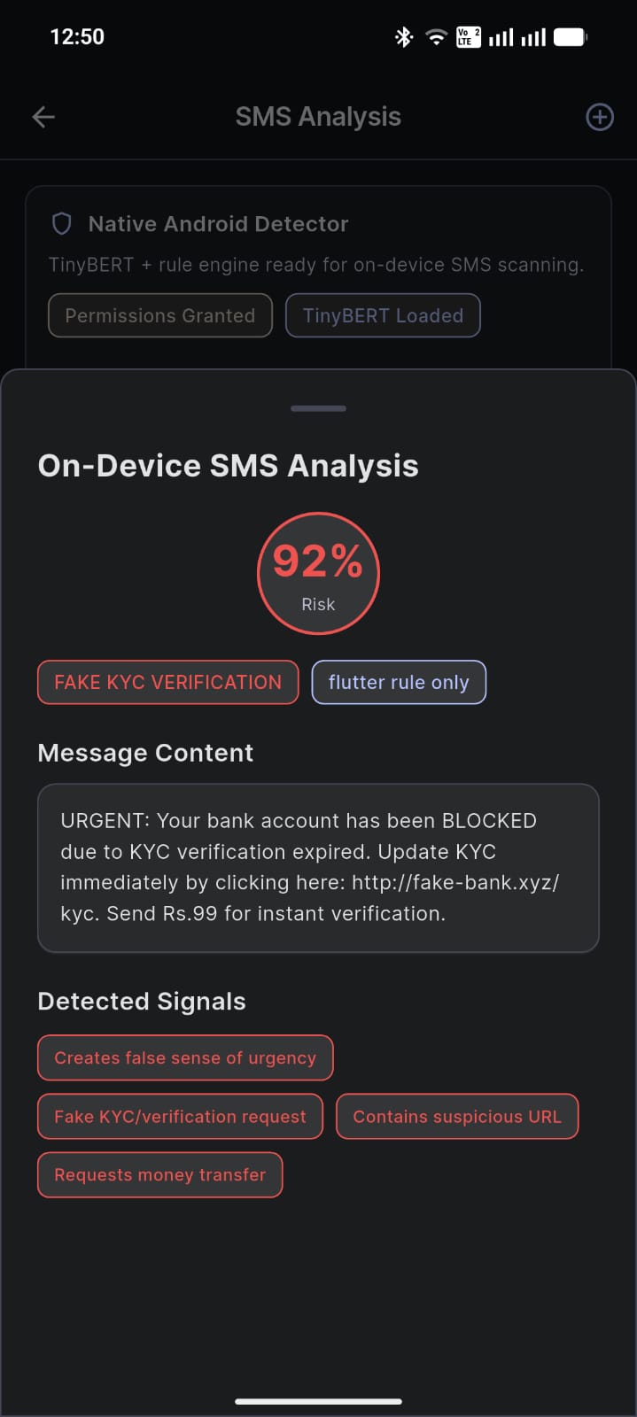 On-device SMS analysis showing fake KYC verification detection